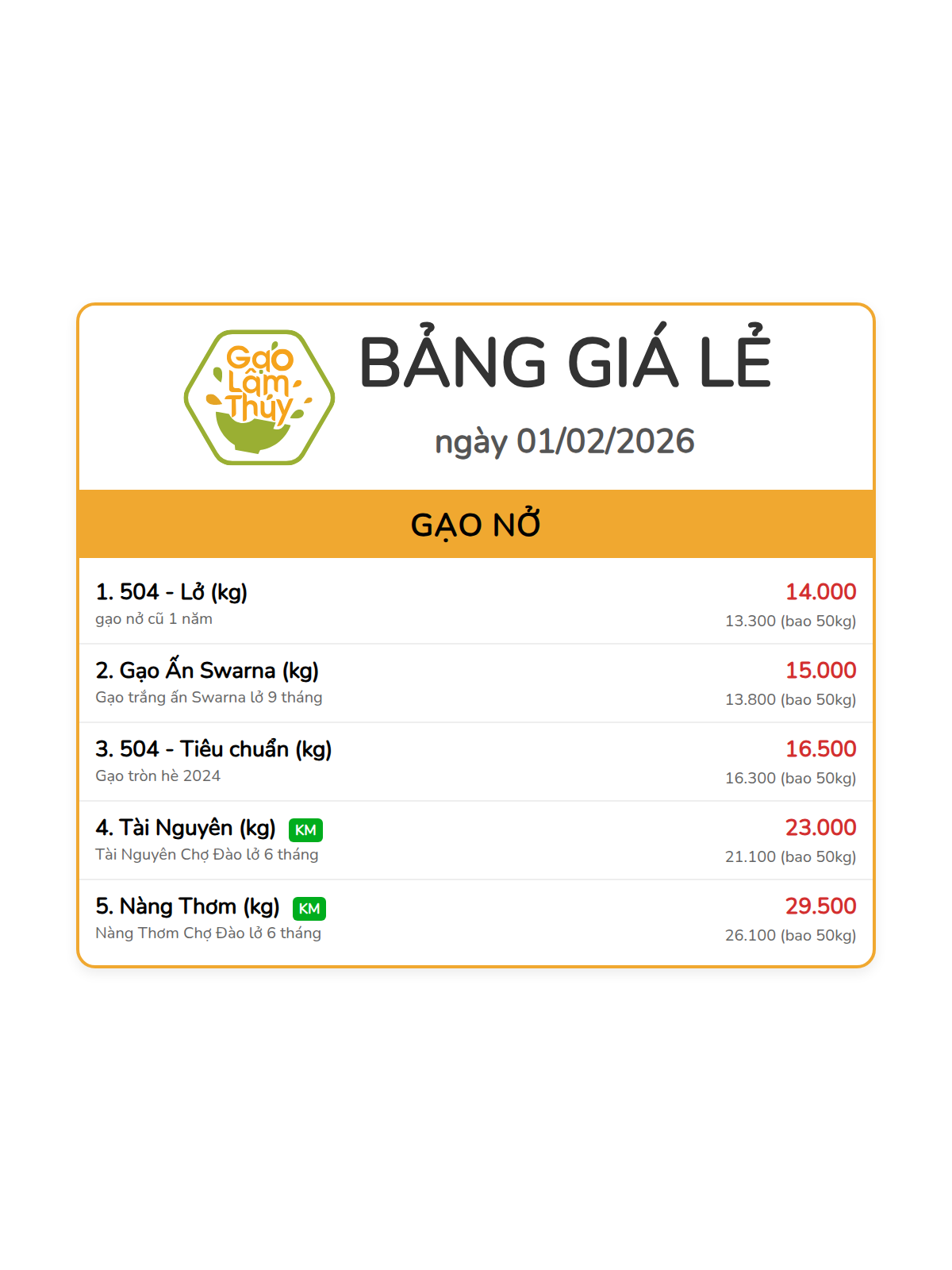 bảng giá lẻ - 2