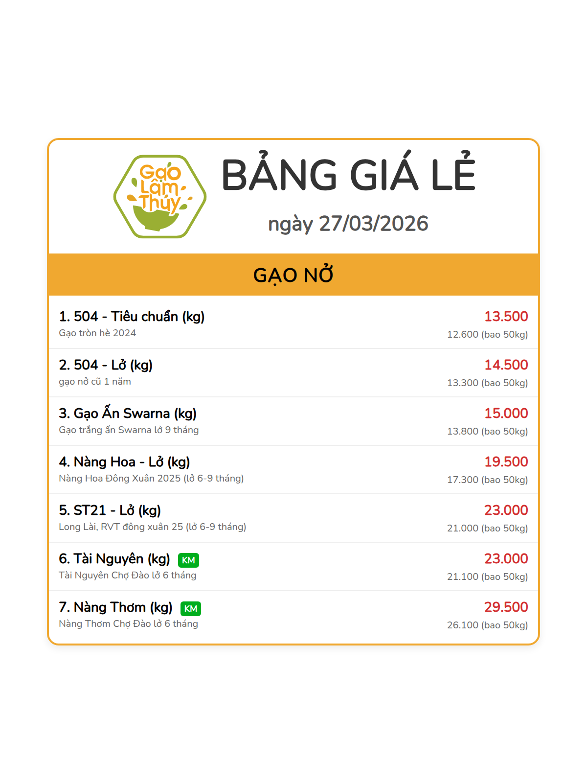 bảng giá lẻ - 2