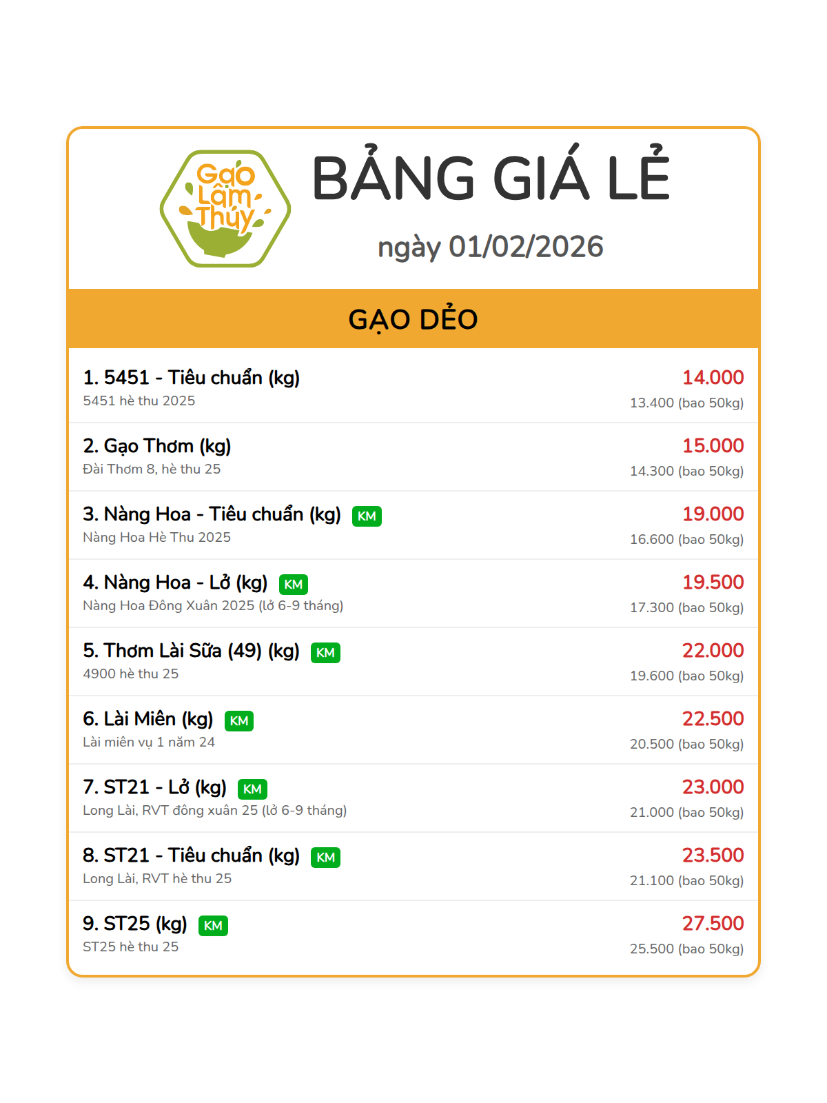 bảng giá lẻ - 1