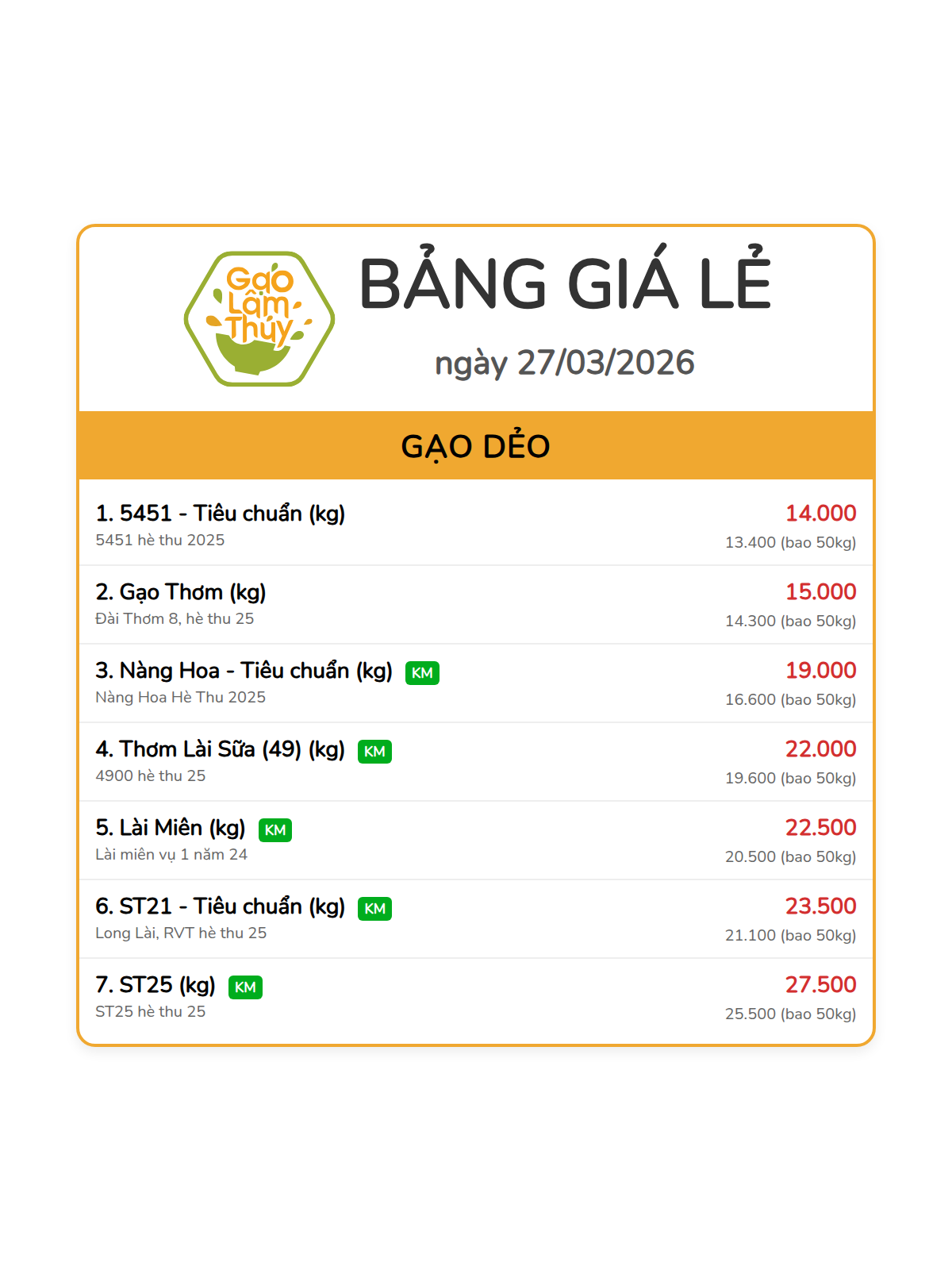 bảng giá lẻ - 1